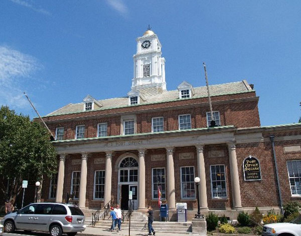 The Plymouth Post Office brick facade, columns and clock tower fully restored with help of federal and state tax credits.
